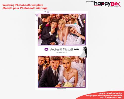 Photobooth Mariage moderne, blanc violet, moustache, 4x6 (10x15cm), 2 photos