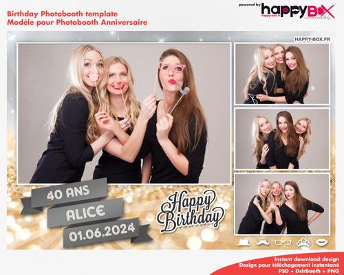 Photobooth Anniversaire paillettes, doré, argenté, 40 ans, 4x6 (10x15cm), 4 photos