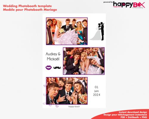 Photobooth Mariage moderne, blanc violet, moustache, 4x6 (10x15cm), 3 photos