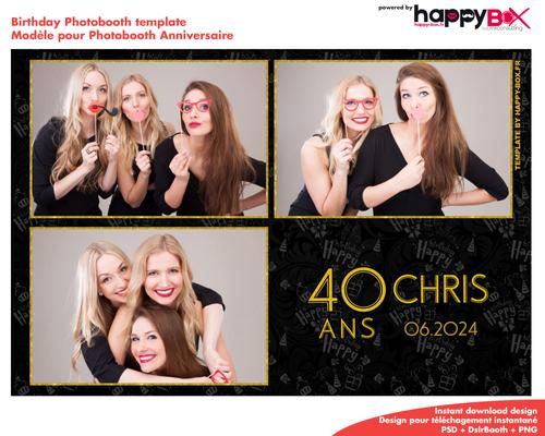 Birthday photobooth  black, gold, modern, 40 years old, 4x6 (10x15cm), 3 photos