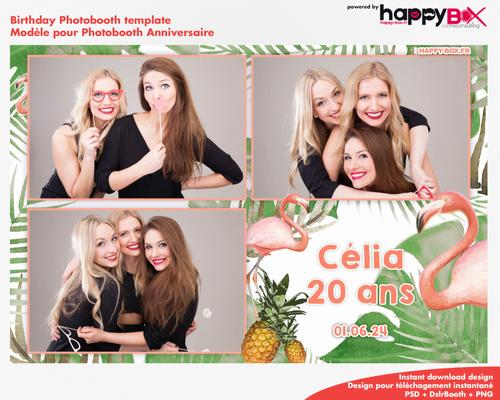 Photobooth Anniversaire 20 ans, fete, flamand rose et ananas, 4x6 (10x15cm), 3 photos