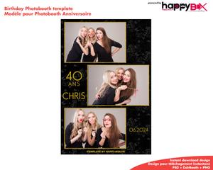Birthday photobooth  black, gold, modern, 40 years old, 4x6 (10x15cm), 3 photos